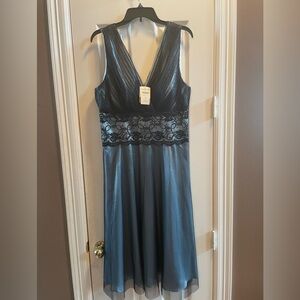 NWT Coldwater Creek Blue and Black V-Neck Lace Waist A-Line Dress, Size 16